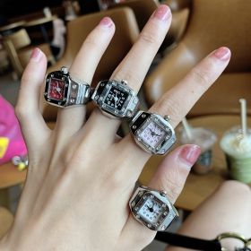 Mini Finger Ring Watch Square Quartz Easy Reader Watch Alloy Case Watch 4 Colors Valentine's Day Gift For Her (Color: White, size: 2 pc)